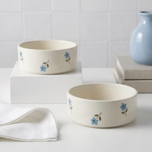 Image of SNS Handmade Ceramic Serving Bowl Set (Pack of 2) | Microwave Safe Cute Ceramic Bowl Set | Aesthetic Snack, Salad, Cereal, Dessert & Soup Bowl | Premium Kitchen & Breakfast Bowl (Blue Florette Bowl)