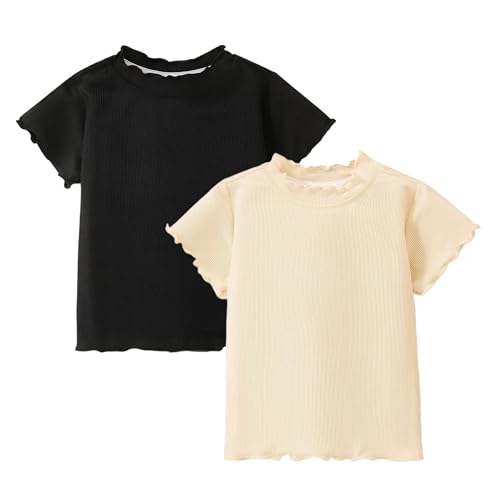 Girls Summer Lettuce Trim Ribbed Knit Short Sleeve T-Shirts Solid Color Casual Blouse Tops