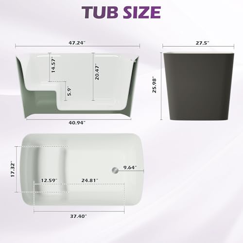 Image of 47 inch Lucite Acrylic Freestanding Bathtub，Square Shape Janpanese Soaking Tub with Seat Desgin,Toe-tap Chrome Right Drain, Slotted Overflow, cUPC Certified, 37 Gray