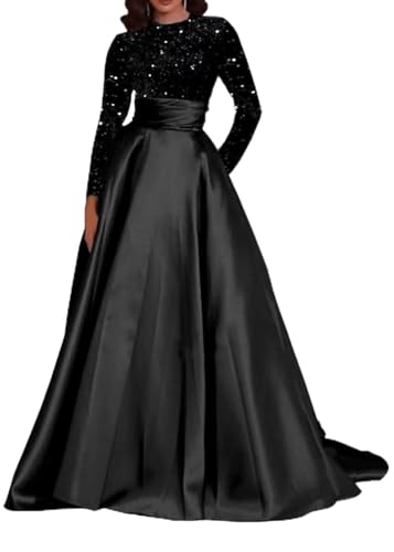 Long Sleeve Prom Dresses for Women Sparkly Ball Gown A-Line Satin Formal Evening Dress with Pockets