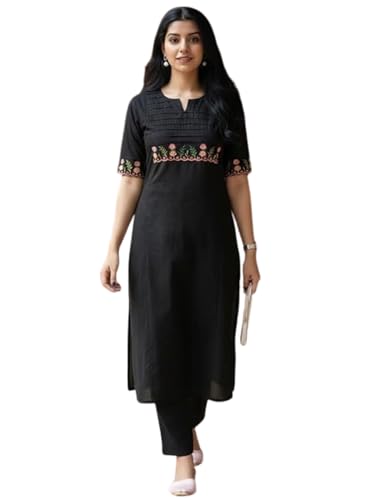 Image of eightone Women's White Cotton Straight Kurti with Floral Embroidery, Pin-Tuck Yoke, Casual Ethnic Wear