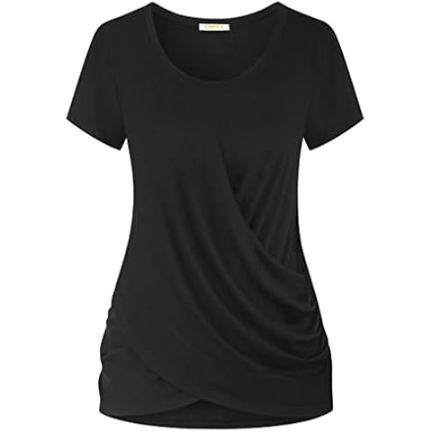 BAIKEA 2023 Women's Cross Front Twist Top Casual Short Sleeve Tunic Tops Wrap Ruched Shirt with Asymmetric Hems Women Clothings Trendy Black, Medium Cover