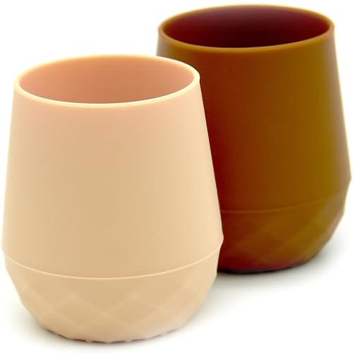 Image of teensy peepsy 2 Pack Silicone Training Cups for Babies 4 Months+ | First Years Baby Cup for Infants 6-12 Months, 2 pack Toddler Water Cups, 2oz Drinking Cups Baby Essentials for BLW (Caramel Brown)