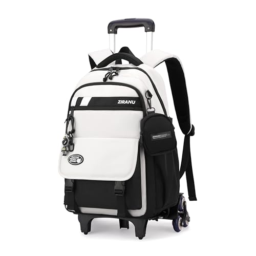 EKUIZAI Mochila clássica com rodinhas para meninos do meio, mochilas escolares com rodas, para meninos adolescentes, Branco, 6 Wheel