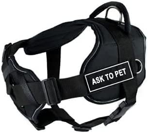 DT Fun Nylon Harness with Chest Support and Ask to PET Patch - Black with Reflective Trim - Small - Plus One Padded Puppy Leash - 6 FT - Single Ply with Black Padding and Stainless Steel Snap.