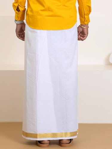 Image of RAMRAJ COTTON Men Premium Cotton Full Sleeves Shirt and Fancy Border Dhoti Set Luxe Set