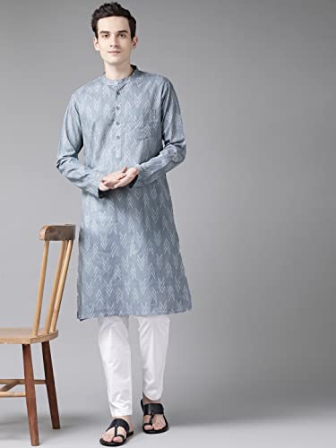 Image of See Designs Grey & White Cotton Regular Fit Mandarin Collar Printed Kurta Set