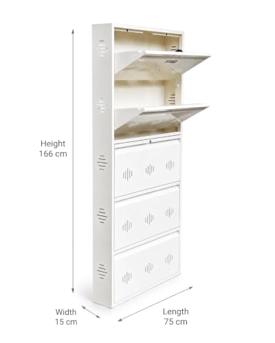 Image of StayHappy 5 Door Wall Mounted Shoe Rack | Metal Shoes Rack for Home with Dual Lock | Wall Mount Chappal Sandal Shoe Organizer | MS Steel Wall Mounted Shoe Rack. (White, 5 Door)