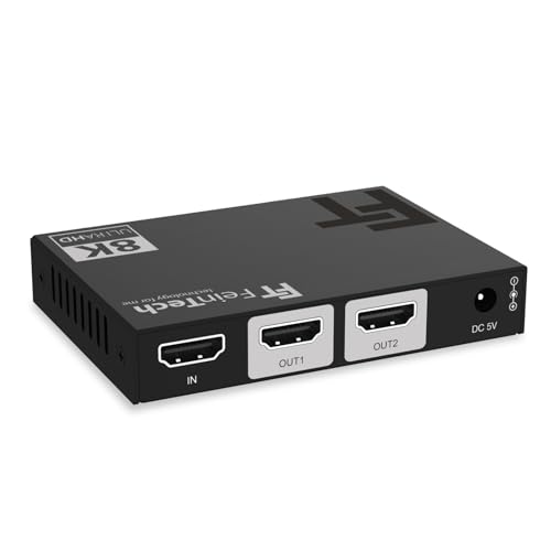 FeinTech SP210 HDMI 2.1 Splitter 4K 120Hz 8K VRR ALLM, rozdzielacz z downscalerem dla 2 monitorów jednocześnie, CEC-Pass, kompatybilny z HDCP 2.3, HDR, Dolby Vision
