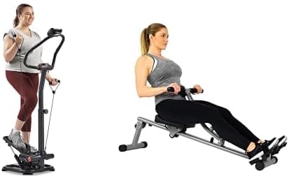 Sunny Health & Fitness Smart 2-in-1 Power Stepper with Resistant Bands & Handlebar + Sunny Health & Fitness 12 Adjustable Resistance Rowing Machine Rower w/Digital Monitor