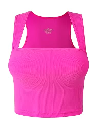 MOSSROZZ Crop Tank Top for Women Hot Pink Ribbed Athletic Tops Slim Fit Wide Strap Sleeveless Shirts 2025 Summer Neon Stretch Tanks for Workout, XS