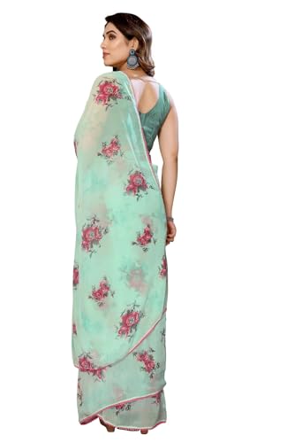 Image of ROOP SUNDARI SAREES Readymade Pleated Pre Drape Stitched Floral Printed Georgette Saree For Women's With Lace Border & Blouse(Ready To Wear One Minute)