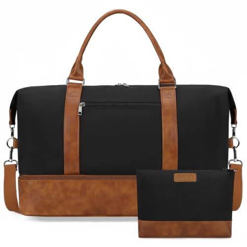 Image of Oeihuivt Weekender Bags for Women - 21 Inch Large Travel Duffel Bag with Shoe Compartment, Heavy-Duty Canvas Leather Carry On Overnight Tote, Brown-Black, 21, Weekend Trip