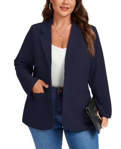 MINTLIMIT Blazers for Women Business Casual Long Sleeve Notched Lapel Button Plus Size Blazer Work Professional Office Outfits with Pocket,2XL Navy Blue3