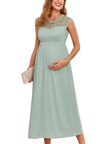 AISWI Vestido de maternidad con ribete de encaje, sin mangas, acampanado, cuello redondo, vestidos de embarazo, baby shower, sesión de fotos, casual, Verde salvia, S