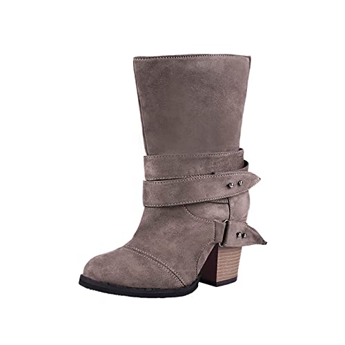 Meldvdib Women’s Chunky High Heel Mid Calf Boots Wide Calf Cowboy Boots Winter Suede Slip On Western Cowgirl Boots With Hasp #TOP22