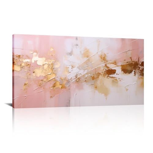Peinture abstraite dorée rose sur grande toile grise de 55x110 cm