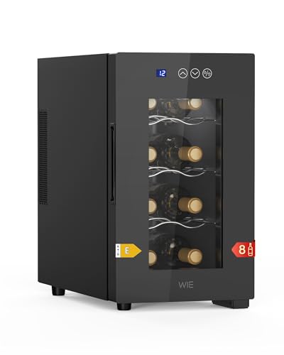 WIE Vinoteca 8 Botellas, Refrigeración Termoeléctrica, Nevera Vinos con Control de Pantalla Táctil, Puerta de Cristal Espejado, Estantes Ajustables, Luz LED, Bajo Nivel de Ruido, 5-18℃, 23L
