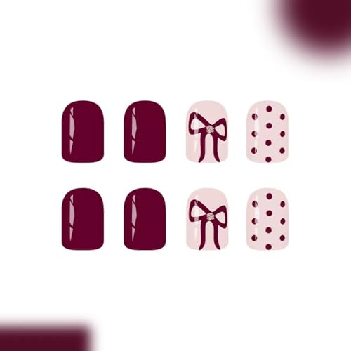 Image of Red Press on Nails polka dot Fake Nail Bow Glue on Nail with Design Glossy Full Cover Reusable Artificial Short Square Stick on Nail for Women Girls Fall Winter Manicure 24Pcs