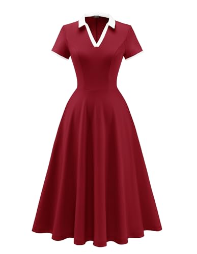 Image of Dressystar Women's 1950s Vintage Swing Dress Short Sleeve V Neck A Line Retro Rockabilly Cocktail Party Dresses With Pockets