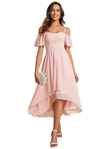 Image of Ever-Pretty Women's Summer Cold Shoulder Hi-Lo Asymmetrical Hem Flowy Chiffon Short Wedding Guest Dress 02103