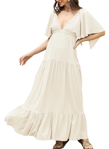 Kikibell Women Summer Dresses Sexy V-Neck Maxi Dress Tiered Silhouette with Flutter Sleeve Backless Elastic Waist Flowy Dress2