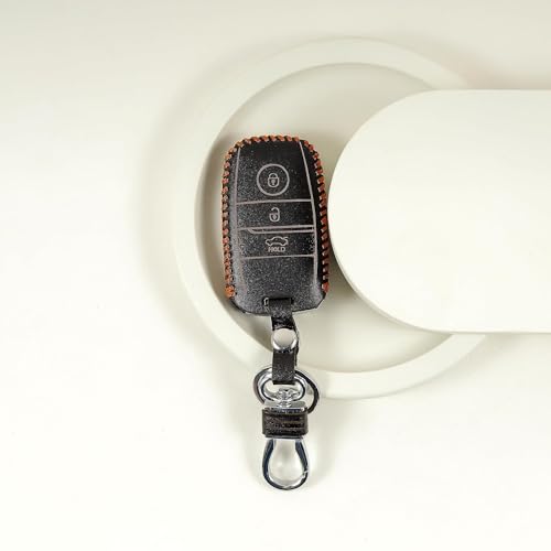 Image of Leather Smart Car Key Cover Case with Metal Hook Keychain for Kia Seltos, Sonet, Carens (Black)