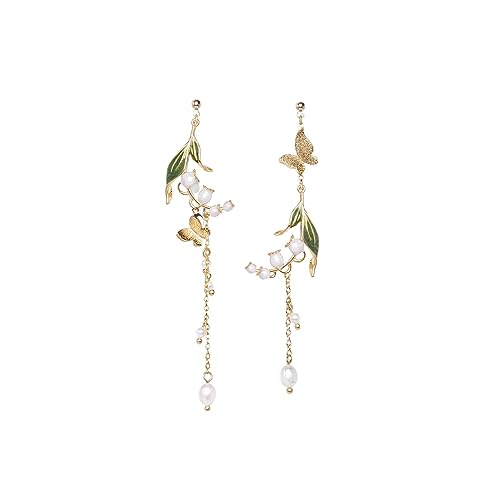 Pink Flower Pearl Sakura Leaf Earrings Ginkgo Biloba Cat Fairy Flower Statement Earrings For Women(Lily of the Valley)