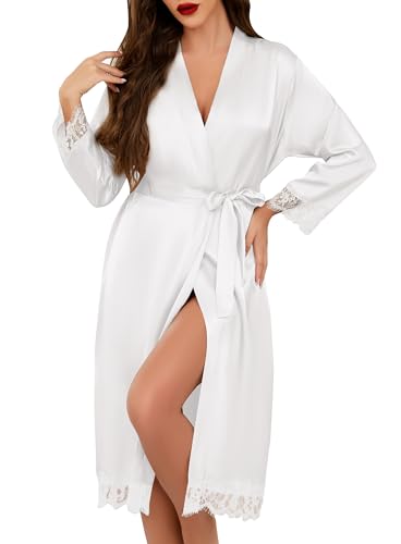 Lovasy Batas Saten Mujer Verano Manga Larga Encaje Kimono Mujer Japones de Casa Sexy Bata Novia con Cinturón,Blanco,XL