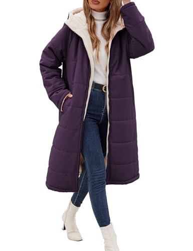 VXVGER Women Winter Coats Fleece Long Coats Jackets Oversized Warm Down Jacket with Hood, Purple, M