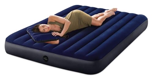 Image of Intex 64765E Dura-Beam Standard Classic Air Mattress with Inflatable Pillows: Fiber-Tech - Queen Size - Hand Pump - 10in Bed Height - 600lb Weight Capacity