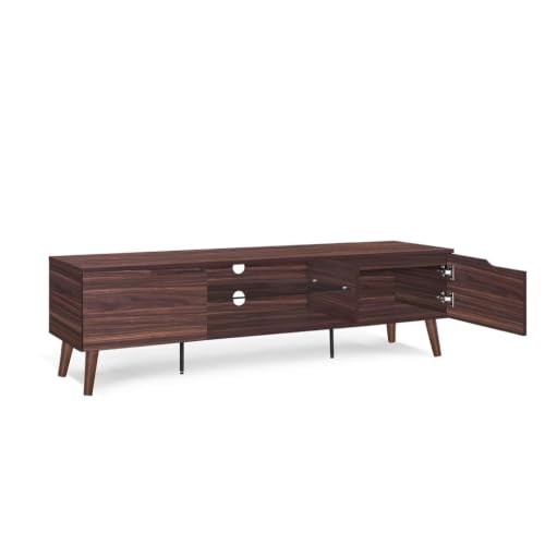 Image of Zenith TV Stand Entertainment Center & Modern Media Console Table for Living Room | Two Storage Doors | Tempered Glass Middle Shelf | Solid Wooden Legs | Comfort Brown