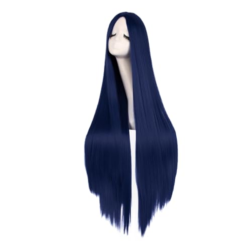 Image of MapofBeauty 40 Inch Carve Long Straight Cosplay Anime Costume Wig,Dark Blue | 100 cm Party Wig