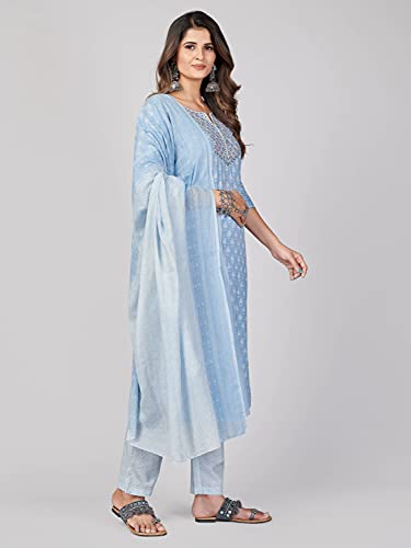 Image of Vbuyz Women's Printed & Embroidered Straight Cotton Stitched Kurta Pant with Dupatta
