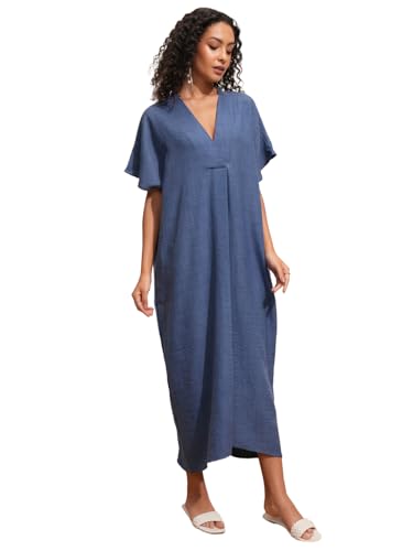 Image of Tokyo Talkies Women's Dresses for Women | Solid Color | Kaftan Style | Holiday Midi Dress | Short Kaftan Sleeves | Relaxed & Elegant