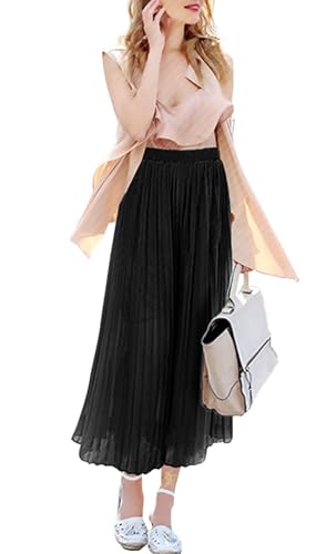 Women's Elastic Waist Pleated Chiffon Culottes Cropped Wide Leg Flowy Pants2