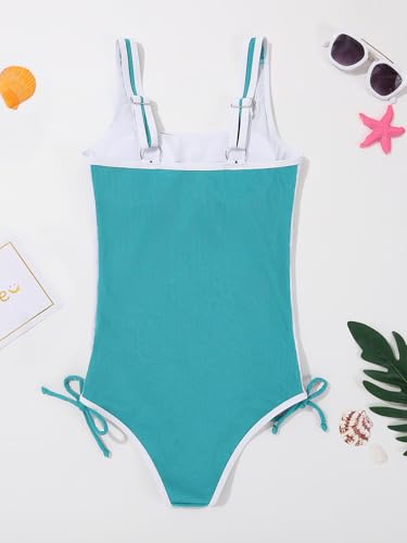 Image of Girls One Piece Swimsuits Ribbed Bathing Suit Teen Girls Adjustable Straps Drawstring Athletic Swimwear Swim Suit