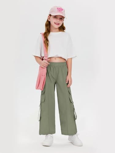 Image of Haloumoning Girls Parachute Pants Kids Wide Leg Cargo Pants Y2K Street Trousers with Pockets 5-14 Years