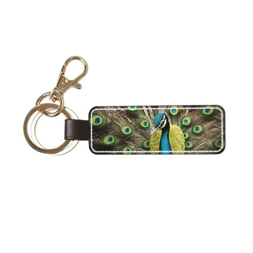 ERSDWRE Porte-clés en cuir synthétique imprimé plume de paon avec fermoir mousqueton pour homme et femme