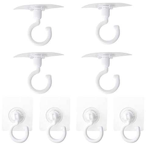 Yuflen 8 Pcs Self Adhesive Hooks 360° Rotatable Ceiling Hook White Wall Hooks for Kitchen, Bathroom,Kitchen, Toilet, Door Cover