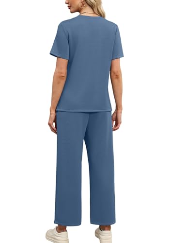 Desol Damen Trainingsanzug Jogginganzug Zweiteiler für Sommer - Kurzarm Oberteil mit Raffung und Weite 7/8 Hose mit Taschen - Loungewear für Reisen & Freizeit & Hausgebrauch