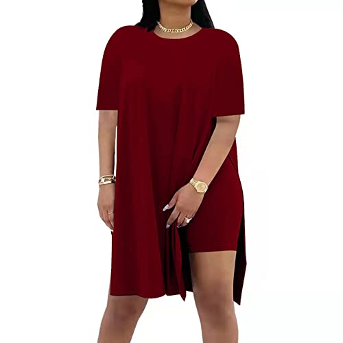Image of AXOSY Women Plus Size 2 Piece Outfits Short Sleeve Tunic Tops and Skinny Biker Shorts Sets Tracksuits