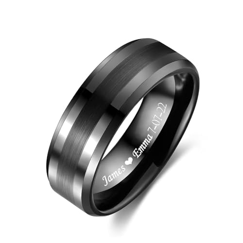 Personalized Tungsten Ring for Men 8mm Black Plated Tungsten Engagement Wedding Band Polished Finish Customized Promise Ring Comfort Fit Size 7-13