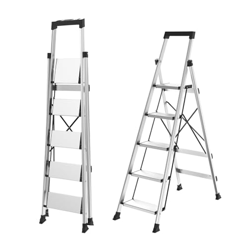HBtower 5 Aluminum Step Ladder, Strudy Ladders for Home with Tool Tray, Anti-Slip Folding Step Stool for Adults, Light Weight Portable 330lbs Safety for Kitchen Warehouse Outdoor Work by HBTower - Used condition - US$91.99