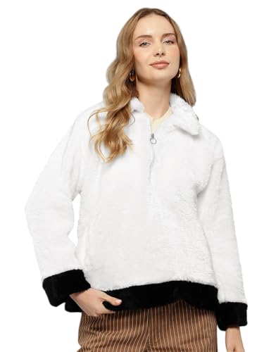 Image of Aarika Womens Winter Wear White-Pink Colour Solid Fur Sweat Shirt