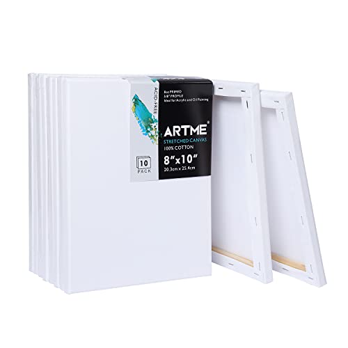 ARTME Stretched Canvas 8x10 Inch Pack of 10, 8oz Primed Acid-Free 100% Cotton, White Blank Canvases Perfect for Acrylic, Oil, and Other Painting Media, Ideal Painting Canvas for Artists and Students