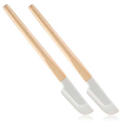 DOPENSPI 2 Stück Klein Silikon Spatel Silikon Teigschaber Küche mit Holzgriff Silikonspachtel Silicone Schaber Schmal Küchenschaber für Backen Mischen Kochen Rührwerkzeuge