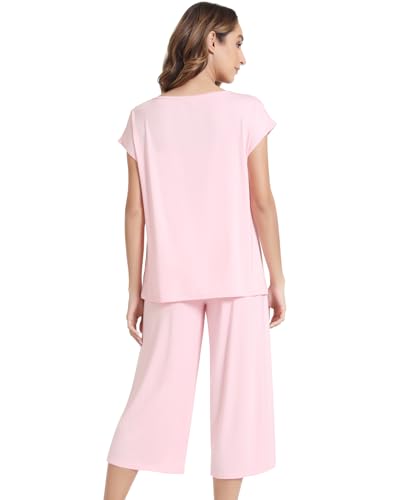 Image of NACHILA Women's Pajamas Set Short Sleeve Sleepwear Soft Pjs Cool Pajama with Capri Pants, Viscose Made from Bamboo
