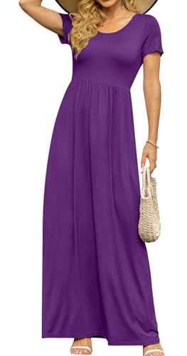 Image of DB MOON Womens 2026 Summer Maxi Dresses Casual Short Sleeve Empire Waist Spring Long Dress with Pockets