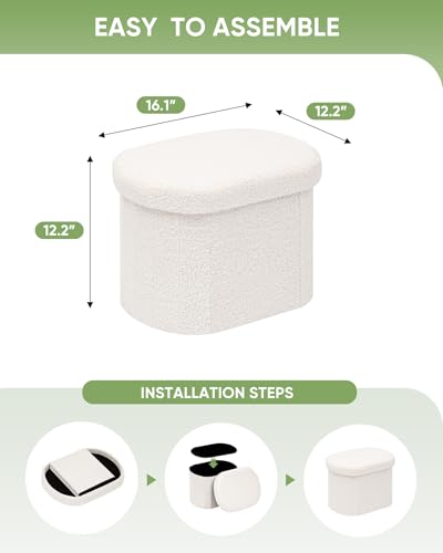 Image of B FSOBEIIALEO Storage Ottoman for Dorm Room, Boucle Folding Storage Ottoman Foot Rest, 16.14 Inches Small Collapsible Ottoman Cube for Living Room White Cream